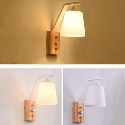 Japanese Minimalist Log Round Iron Glass Lampshade 1-Light Wall Sconce Lamp