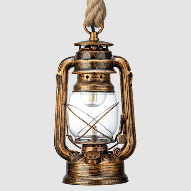 Traditional Rustic Kerosene Lantern Iron Glass 1-Light Pendant Light For Living Room