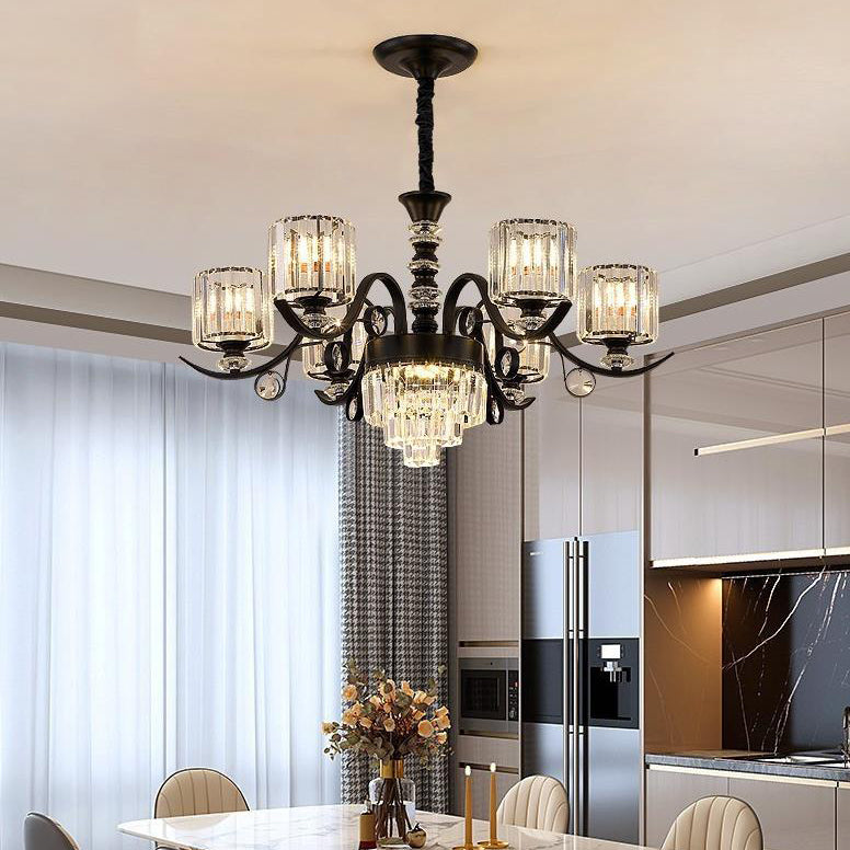 Modern Luxury Cylinder Iron Glass Crystal 6/8/10/12 Light Chandelier For Living Room