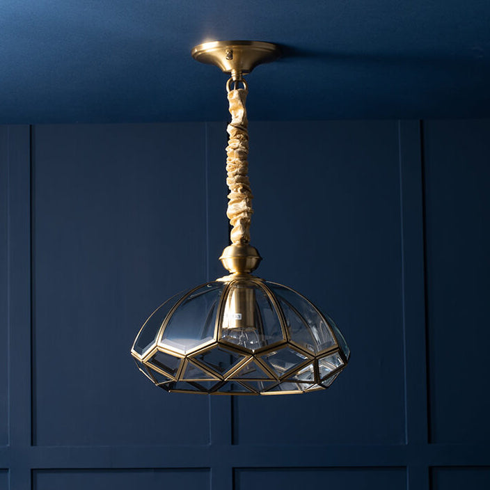 European Brass Glass Dome 1-Light Pendant Ceiling Light