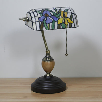 European Tiffany Flower Glass 1-Light Banker Table Lamp