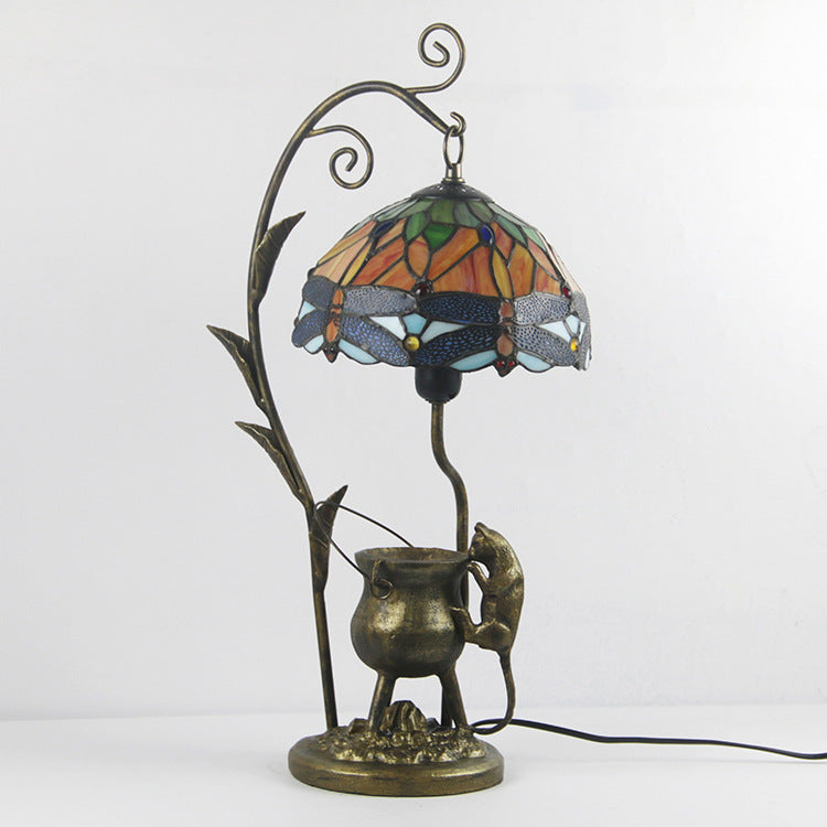 Lampe de table vintage à 1 lumière avec base de souris en vitrail Tiffany Dome 