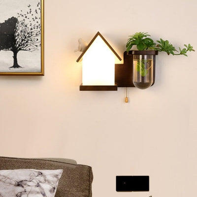 Nordic Creative Walnut Glass Pull Cord 1-Light Wall Sconce Lamp