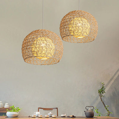 Lámpara colgante de 1 luz con tejido de ratán boho contemporáneo para comedor 