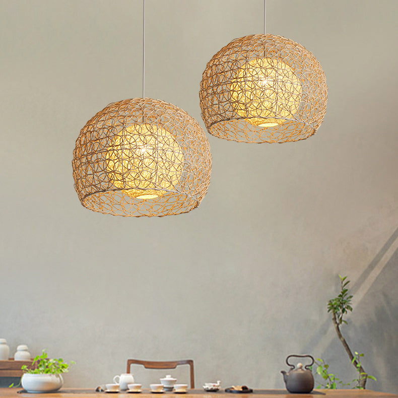 Contemporary Boho Rattan Weaving Cage 1-Light Pendant Light For Dining Room