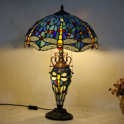 European Tiffany Stained Glass Hexagonal Dome Pull Cord 2-Light Table Lamp