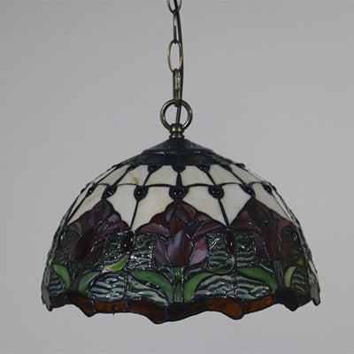 European Style Tiffany Stained Flower Glass Dome 1-Light Pendant Light