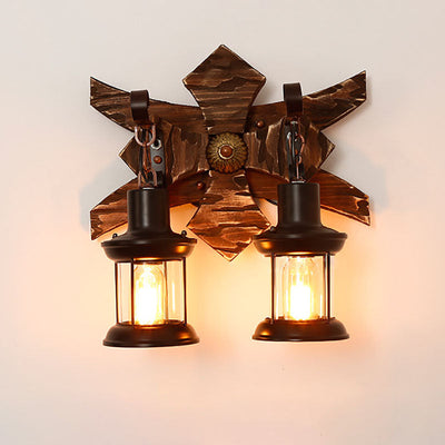 Traditional Farmhouse Wood Frame Iron 2-Light Wall Sconce Lamp For Dining Room