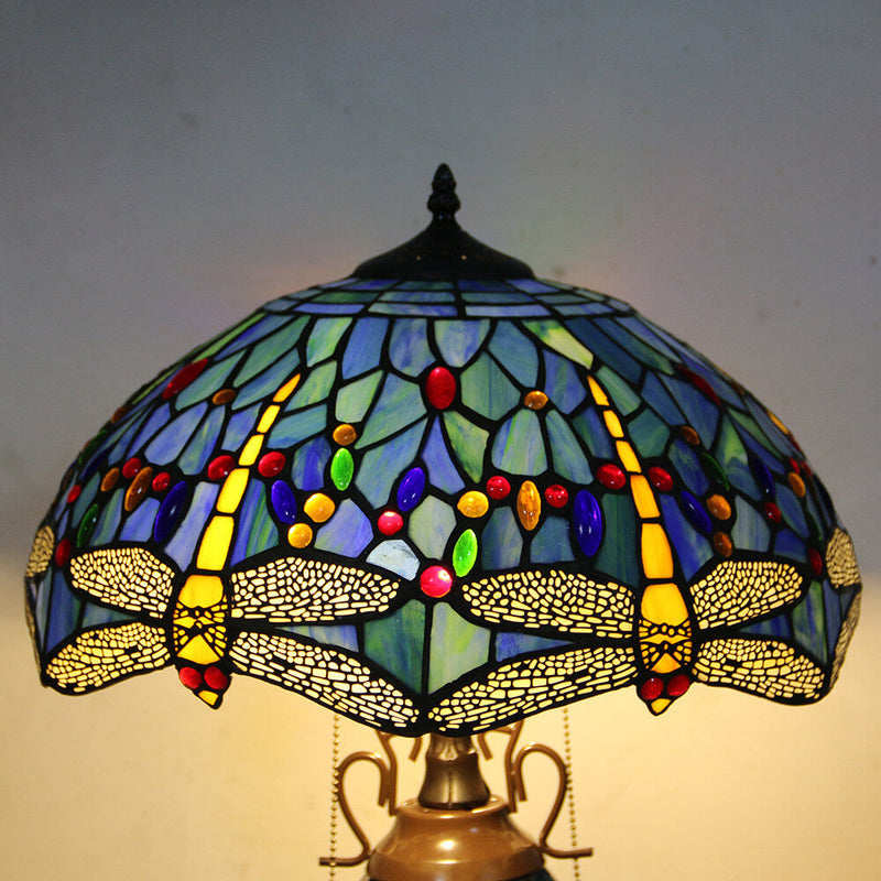 European Tiffany Stained Glass Hexagonal Dome Pull Cord 2-Light Table Lamp