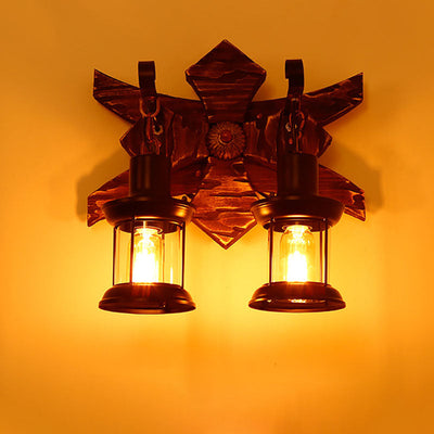 Traditional Farmhouse Wood Frame Iron 2-Light Wall Sconce Lamp For Dining Room