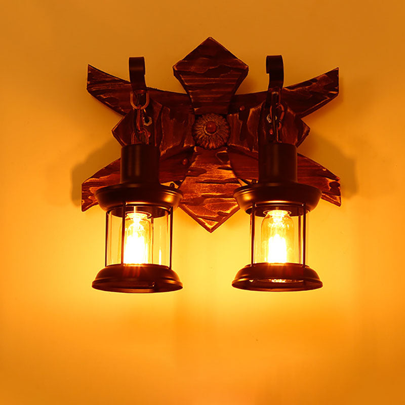 Lampe murale à 2 lumières en fer à cadre en bois de ferme traditionnelle pour salle à manger 