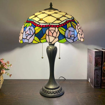 European Tiffany Flowers Stained Glass 2-Light Table Lamp