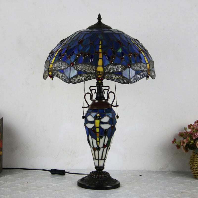 European Tiffany Stained Glass Hexagonal Dome Pull Cord 2-Light Table Lamp