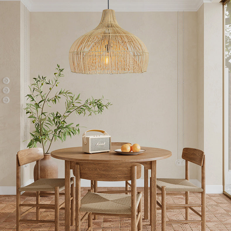 Lámpara colgante de 1 luz con tejido de ratán boho contemporáneo para comedor 