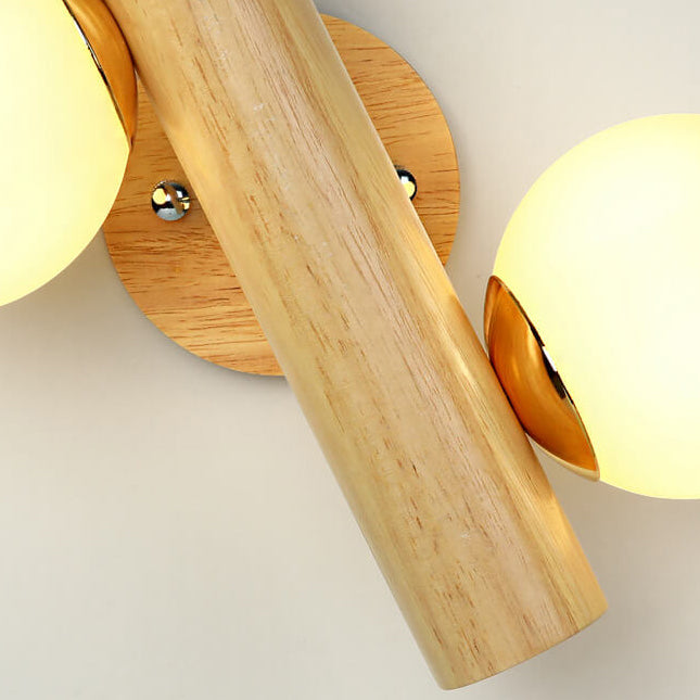 Modern Log Wood Double Glass Globe 2-Light Wall Sconce Lamp
