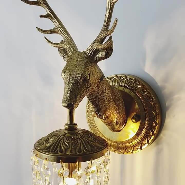 Vintage Luxury Deer Head Brass Crystal 1-Light Wall Sconce Lamp