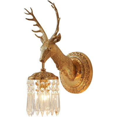 Vintage Luxury Deer Head Brass Crystal 1-Light Wall Sconce Lamp