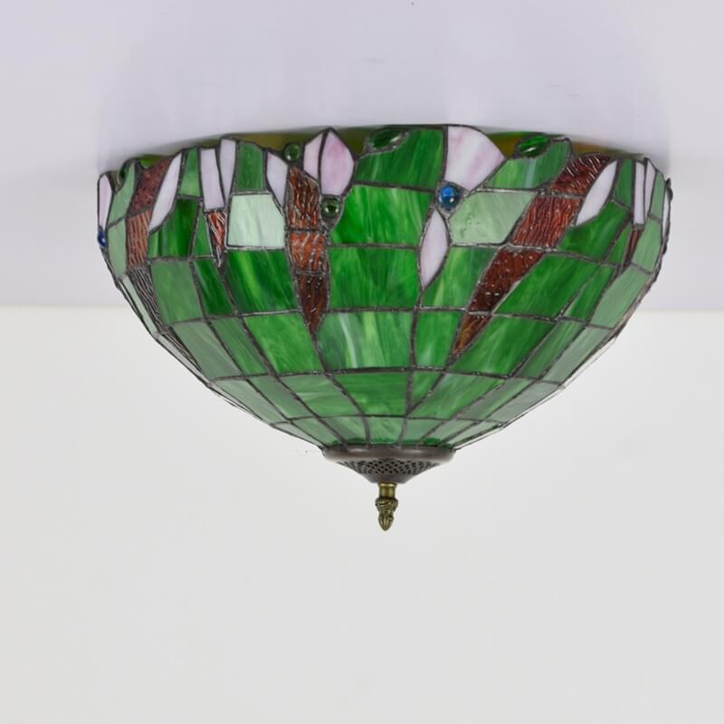 Tiffany-Grün-Buntglas-Halbkreis-Deckenleuchte mit 3 Leuchten 