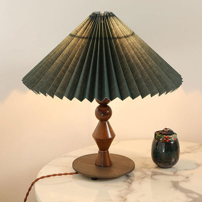 Vintage Dark Green Pleated Solid Wood Base 1-Light Table Lamp