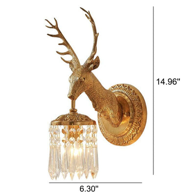 Vintage Luxury Deer Head Brass Crystal 1-Light Wall Sconce Lamp