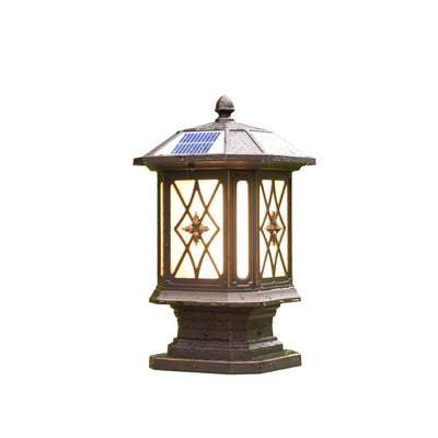 Solar European Hexagon Cage Column LED Outdoor Patio Post Head Landscape Light