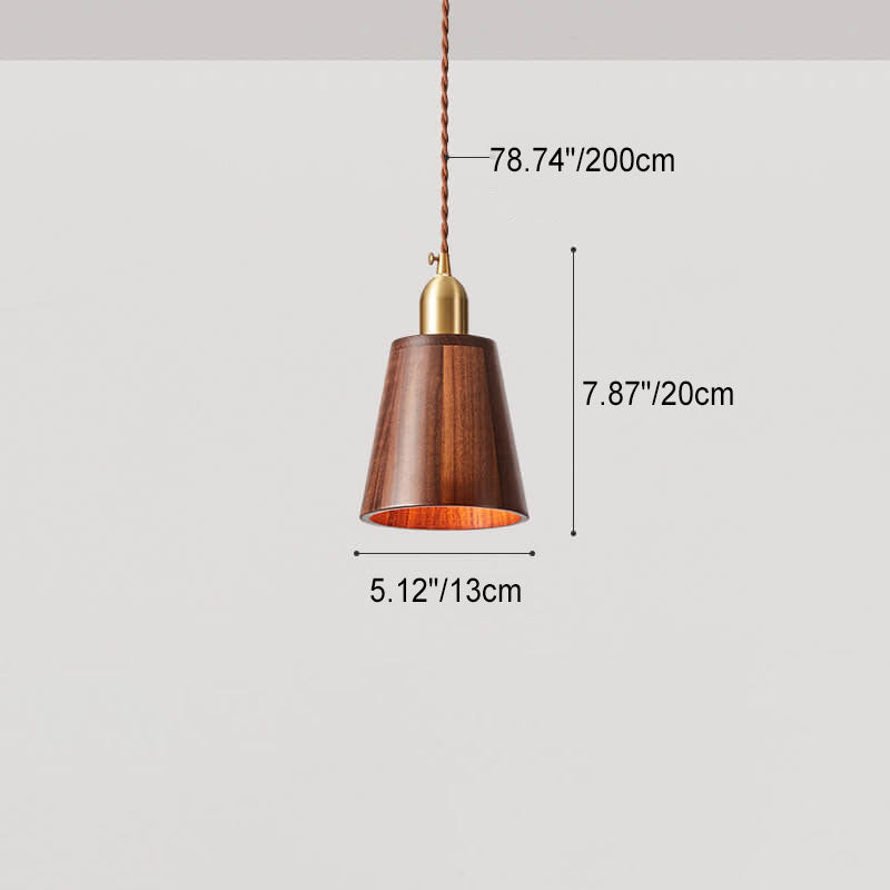 Japanese Vintage Walnut Geometric Round Cone Brass 1-Light Pendant Light