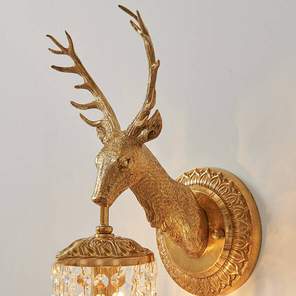 Vintage Luxury Deer Head Brass Crystal 1-Light Wall Sconce Lamp