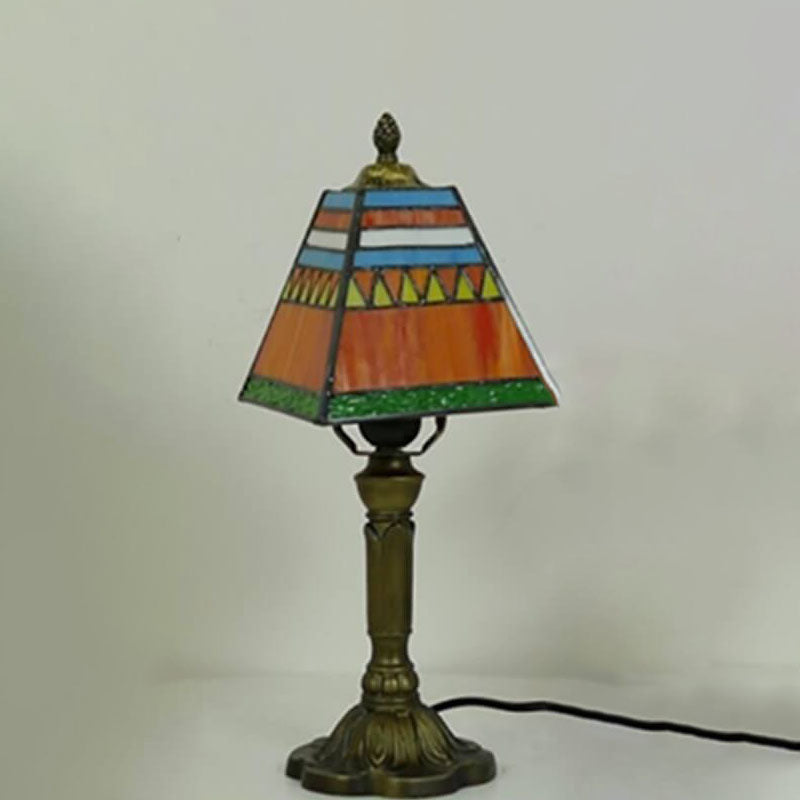 European Vintage Tiffany Square Stained Glass Iron 1-Light Table Lamp