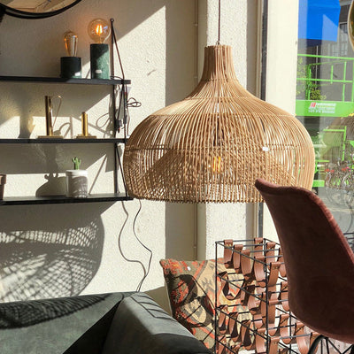 Lámpara colgante de 1 luz con tejido de ratán boho contemporáneo para comedor 