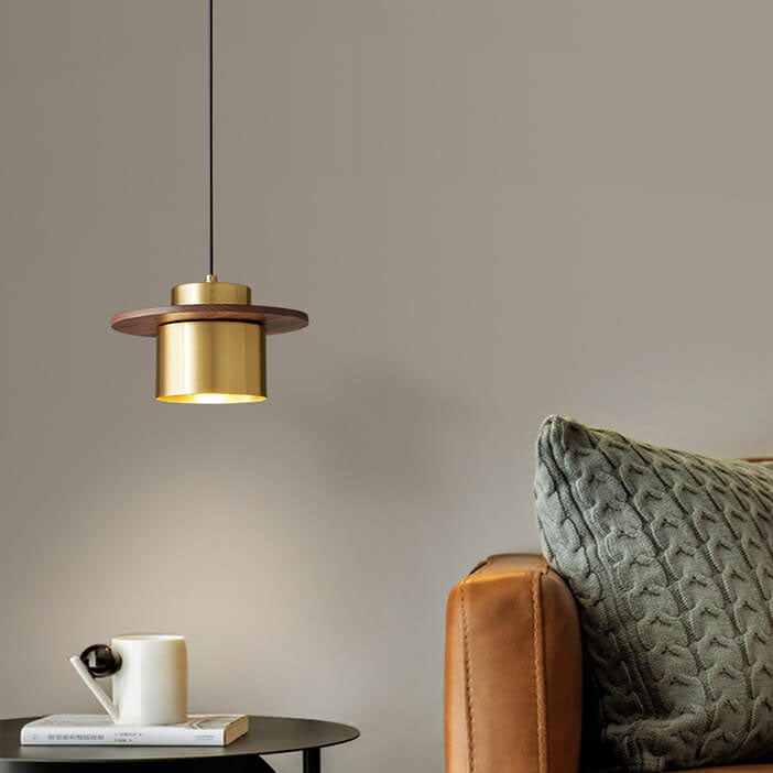 Nordic Luxury Walnut Brass Column 1-Light Pendant Light