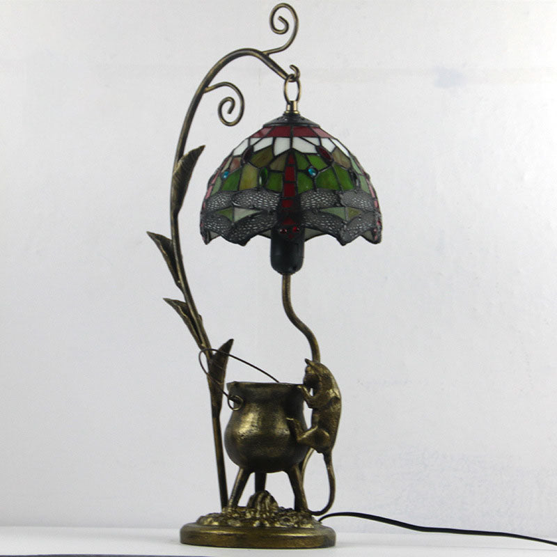 Vintage Tiffany Dome Stained Glass Mouse Base 1-Light Table Lamp