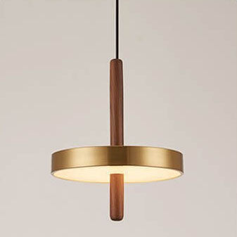 Vintage Walnut Flat Round Brass LED Pendant Light