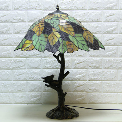 Vintage Tiffany Leaf Stained Glass 2-Light Table Lamp