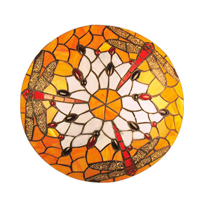 European Tiffany Orange Dragonfly Glass 2/3 Light Flush Mount Ceiling Light