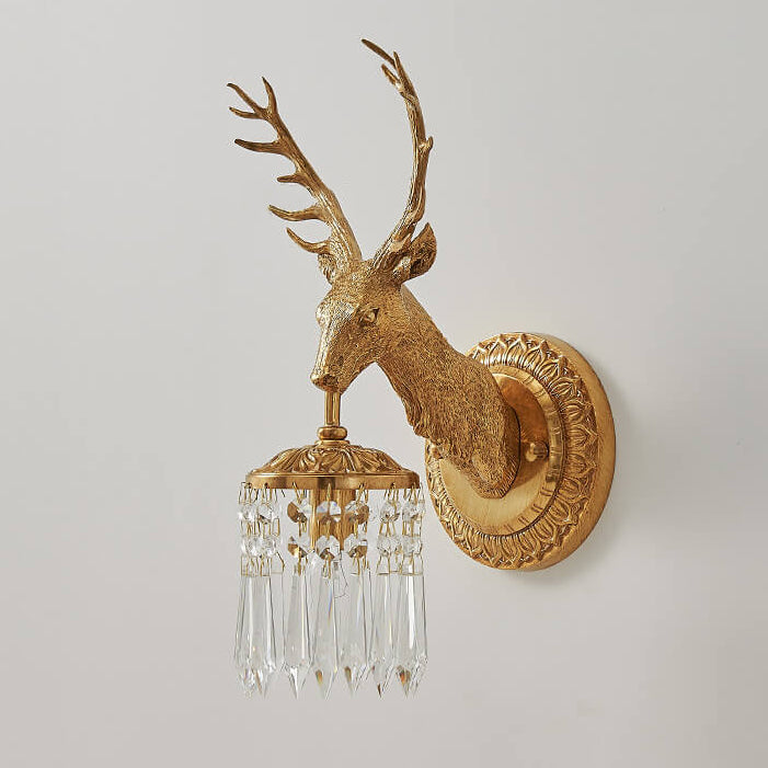 Vintage Luxury Deer Head Brass Crystal 1-Light Wall Sconce Lamp