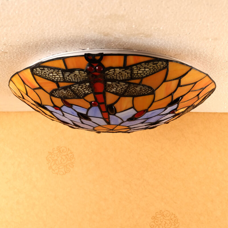 Plafonnier européen Tiffany Orange libellule en verre à 2/3 lumières, plafonnier encastré 
