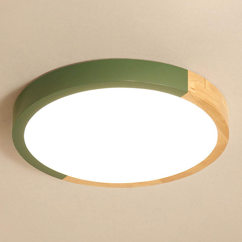 Nordic Minimalist Rubber Wood Wrought Iron Round LED Flush Mount Ceiling Light