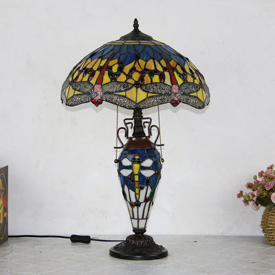 European Tiffany Stained Glass Hexagonal Dome Pull Cord 2-Light Table Lamp