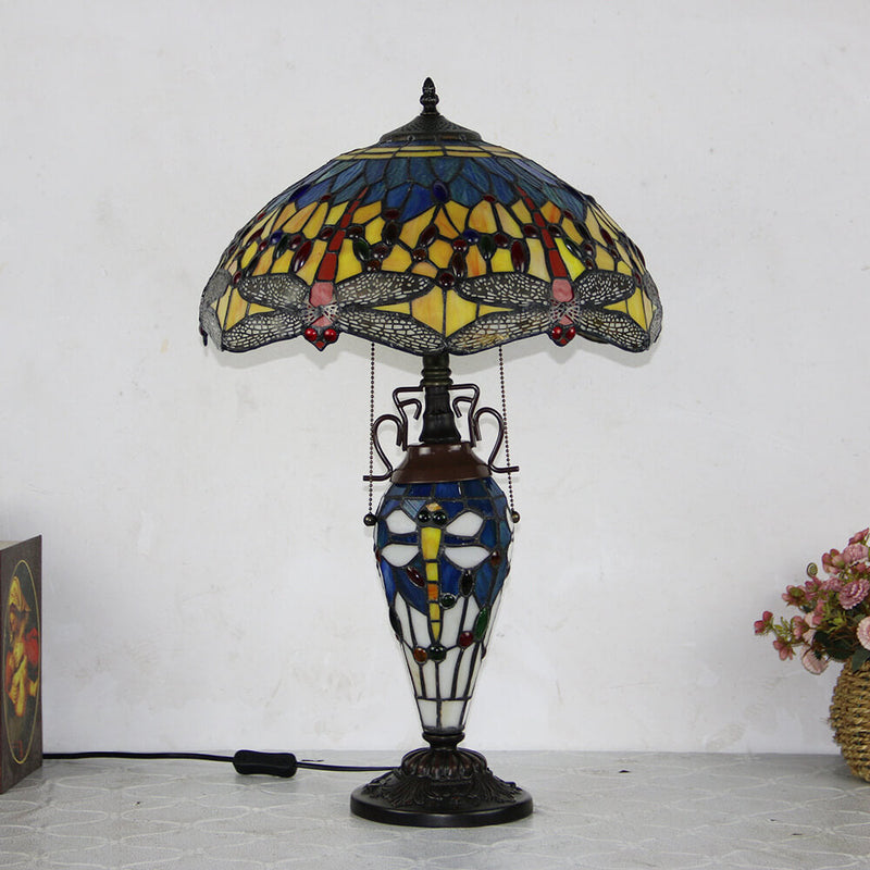 European Tiffany Stained Glass Hexagonal Dome Pull Cord 2-Light Table Lamp