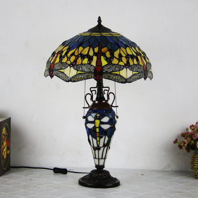 European Tiffany Stained Glass Hexagonal Dome Pull Cord 2-Light Table Lamp