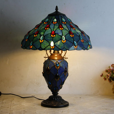 European Tiffany Stained Glass Hexagonal Dome Pull Cord 2-Light Table Lamp