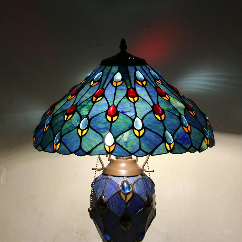 European Tiffany Stained Glass Hexagonal Dome Pull Cord 2-Light Table Lamp