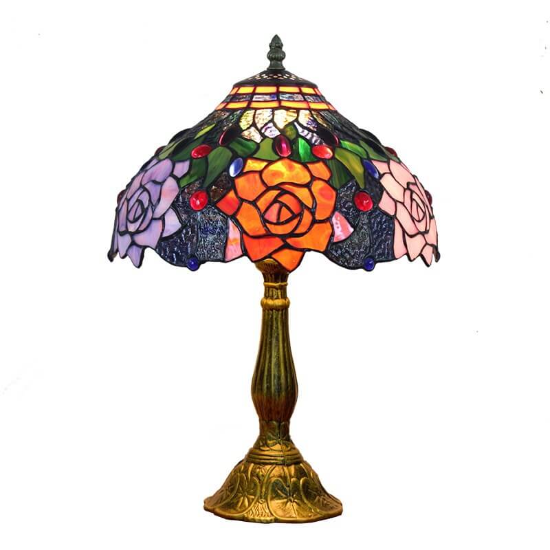 Vintage Tiffany Buntglas Rose Rustikale 1-Licht Tischlampe 