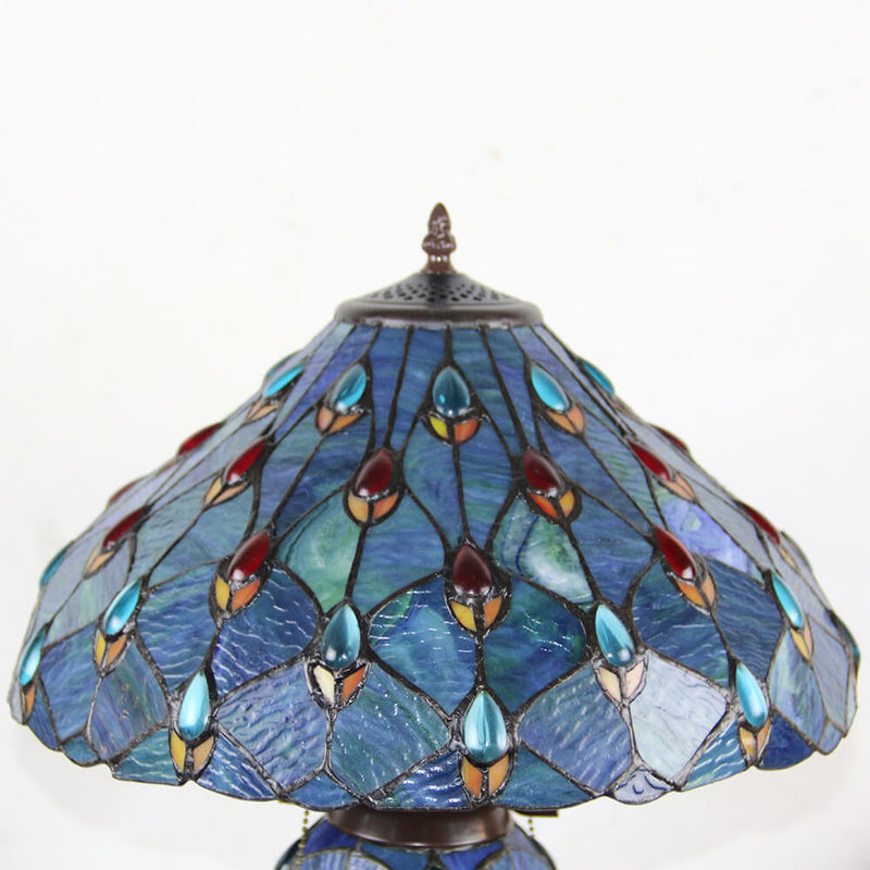 European Tiffany Stained Glass Hexagonal Dome Pull Cord 2-Light Table Lamp