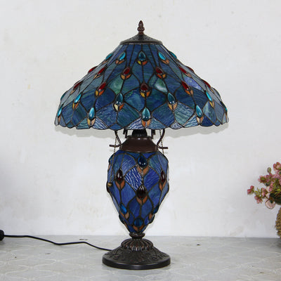 European Tiffany Stained Glass Hexagonal Dome Pull Cord 2-Light Table Lamp