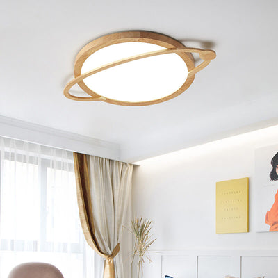 Modern Wooden Acrylic Shade Planet Design LED Flush Mount Light