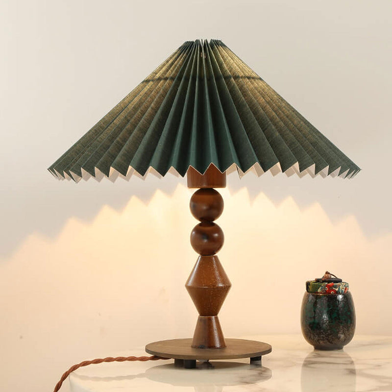 Dunkelgrüne Vintage Tischlampe aus plissiertem Massivholz mit 1 Leuchte