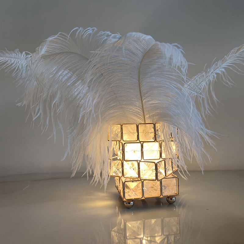 Creative Crystal Cube Ostrich Feather 1-Light Decorative Table Lamp