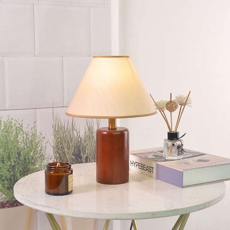 Lampe de table à 1 lumière en forme de cône plissé vintage avec colonne en bois 