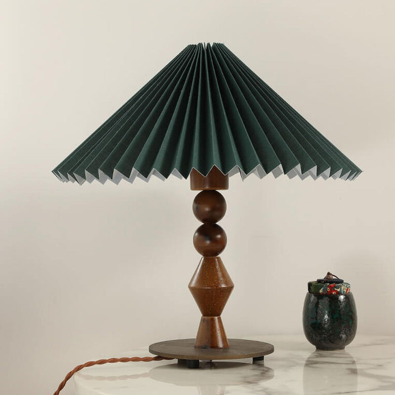 Vintage Dark Green Pleated Solid Wood Base 1-Light Table Lamp